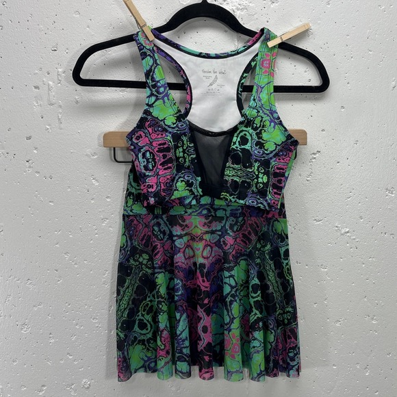 Freedom‎ Rave Wear Womens Small 2 Piece Skirt Set Green Pink Purple Mesh